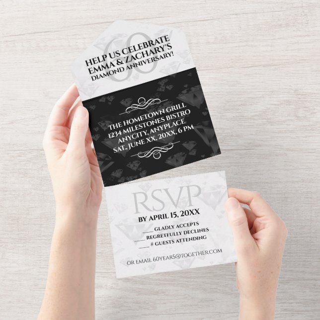 Invitación Todo En Uno Elegante 60° Aniversario del Boda del Diamante (desgarro)