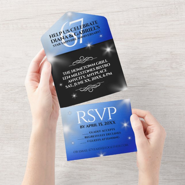 Invitación Todo En Uno Elegante 67º Aniversario del Boda de Star Sapphire (desgarro)