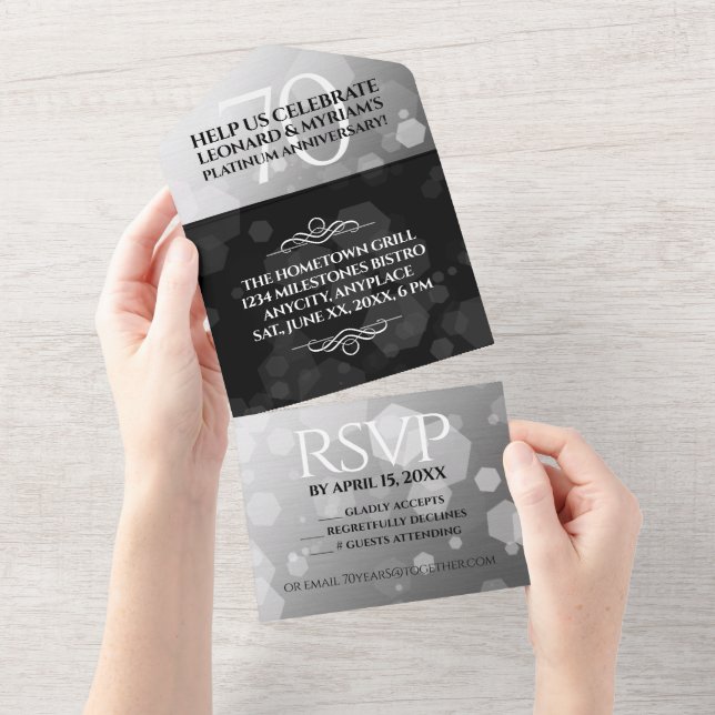 Invitación Todo En Uno Elegante 70° Aniversario del Boda Platino (desgarro)