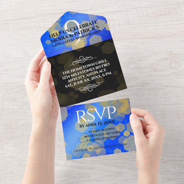 Invitación Todo En Uno Elegante 9° Aniversario del Boda Lapis Lazuli (desgarro)