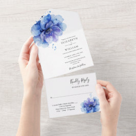 Invitación Todo En Uno Elegante acuarela azul floral