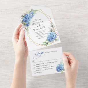 Invitación Todo En Uno Elegante acuarela azul hidrangea Boda floral