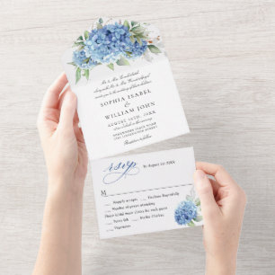 Invitación Todo En Uno Elegante acuarela azul hidrangea Boda floral