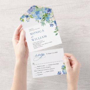 Invitación Todo En Uno Elegante acuarela azul hidrangea Boda floral