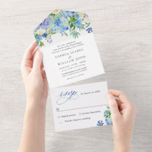 Invitación Todo En Uno Elegante acuarela azul hidrangea Boda floral