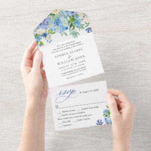 Invitación Todo En Uno Elegante acuarela azul hidrangea Boda floral