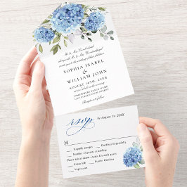 Invitación Todo En Uno Elegante acuarela azul hidrangea Boda floral