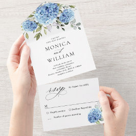 Invitación Todo En Uno Elegante acuarela azul hidrangea Boda floral