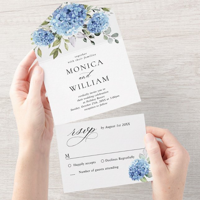 Invitación Todo En Uno Elegante acuarela azul hidrangea Boda floral (Subido por el creador)