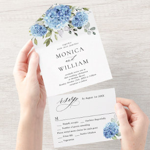 Invitación Todo En Uno Elegante acuarela azul hidrangea Boda floral