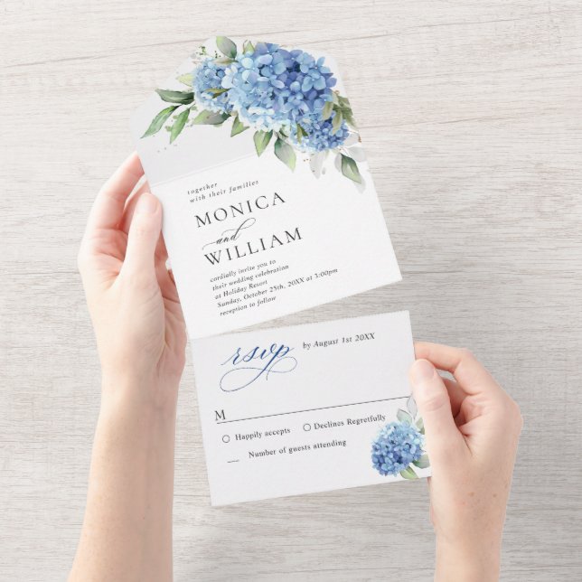 Invitación Todo En Uno Elegante acuarela azul hidrangea Boda floral (desgarro)