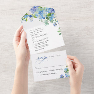 Invitación Todo En Uno Elegante acuarela azul hidrangea Boda floral