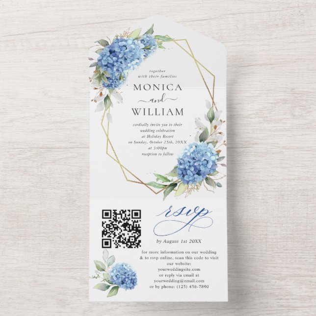 Invitación Todo En Uno Elegante acuarela azul hidrangea Boda floral (Interior)