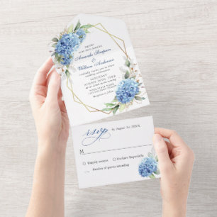 Invitación Todo En Uno Elegante acuarela azul hidrangea Boda floral
