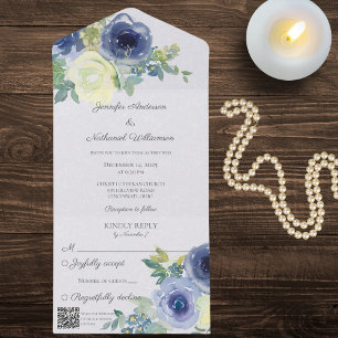 Invitación Todo En Uno Elegante acuarela azul y Rosas de marfil código QR