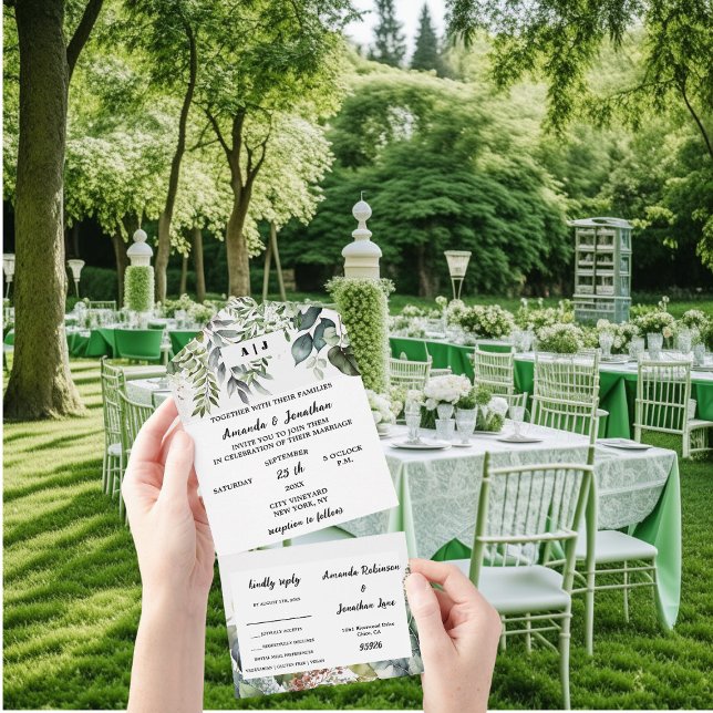 Invitación Todo En Uno Elegante acuarela Boda de hojas verdes (Subido por el creador)