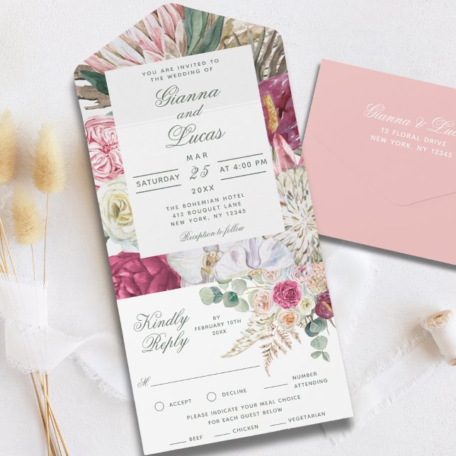 Invitación Todo En Uno Elegante acuarela Boho Floral Country Wedding (Subido por el creador)