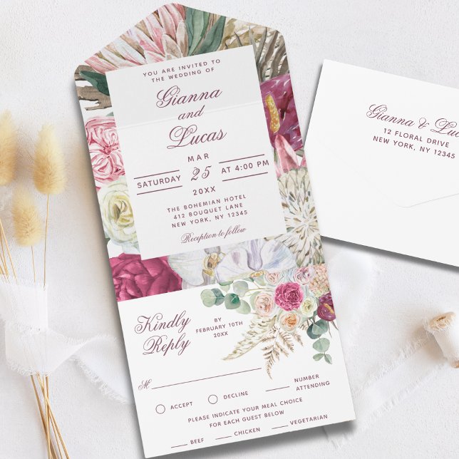 Invitación Todo En Uno Elegante acuarela Boho Floral Country Wedding (Subido por el creador)