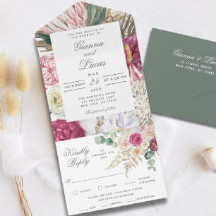 Invitación Todo En Uno Elegante acuarela Boho Floral Country Wedding