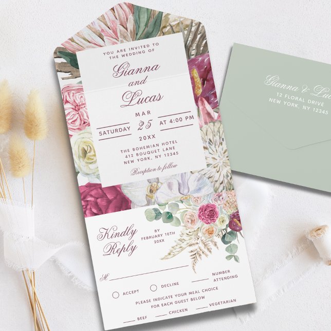 Invitación Todo En Uno Elegante acuarela Boho Floral Country Wedding (Subido por el creador)