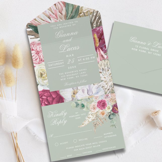 Invitación Todo En Uno Elegante acuarela Boho Floral Country Wedding (Subido por el creador)