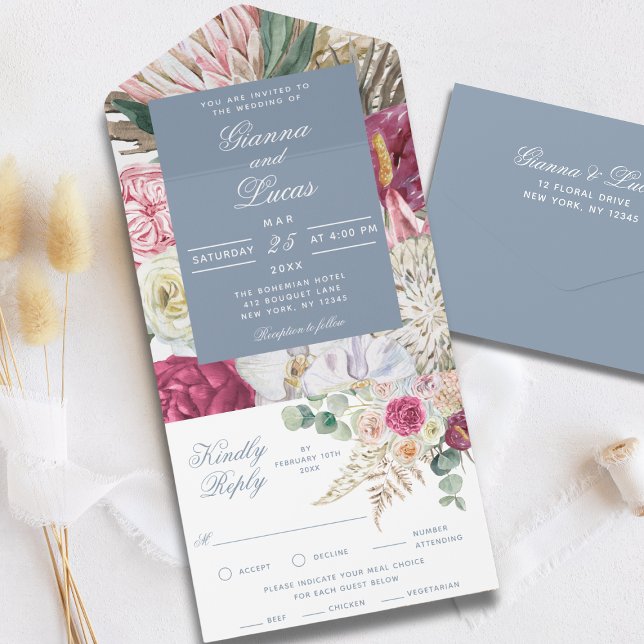Invitación Todo En Uno Elegante acuarela Boho Floral Country Wedding (Subido por el creador)