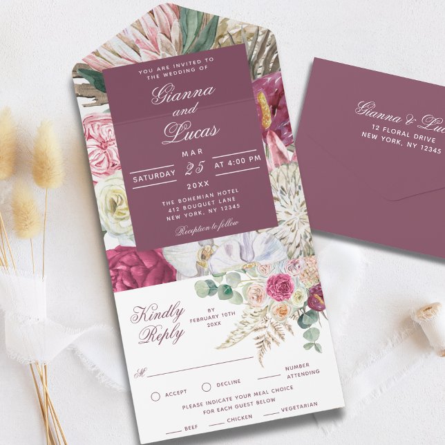 Invitación Todo En Uno Elegante acuarela Boho Floral Country Wedding (Subido por el creador)