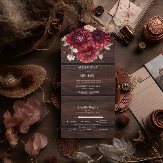 Invitación Todo En Uno Elegante acuarela Borgoña Dahlia Boda (Subido por el creador)