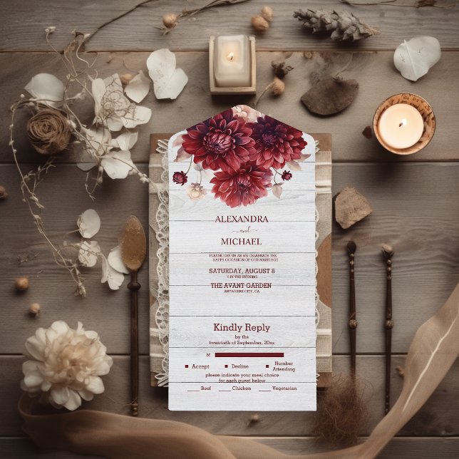 Invitación Todo En Uno Elegante acuarela Borgoña Dahlia Boda (Subido por el creador)