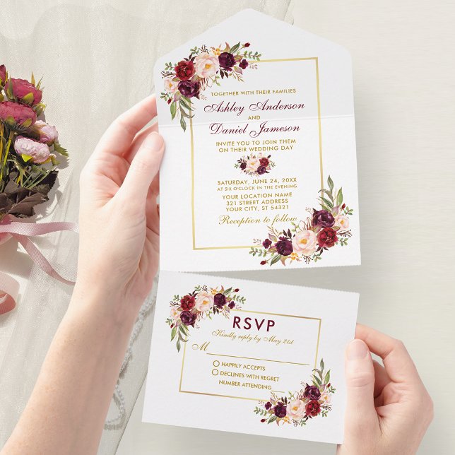 Invitación Todo En Uno Elegante acuarela Borgoña Floral Boda Gold (All In One Wedding Invitation with tear off RSVP Card)