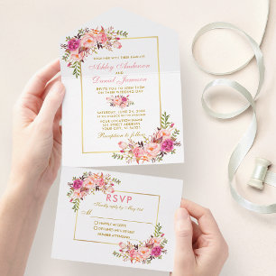 Invitación Todo En Uno Elegante acuarela color rosa Rubor Floral Gold