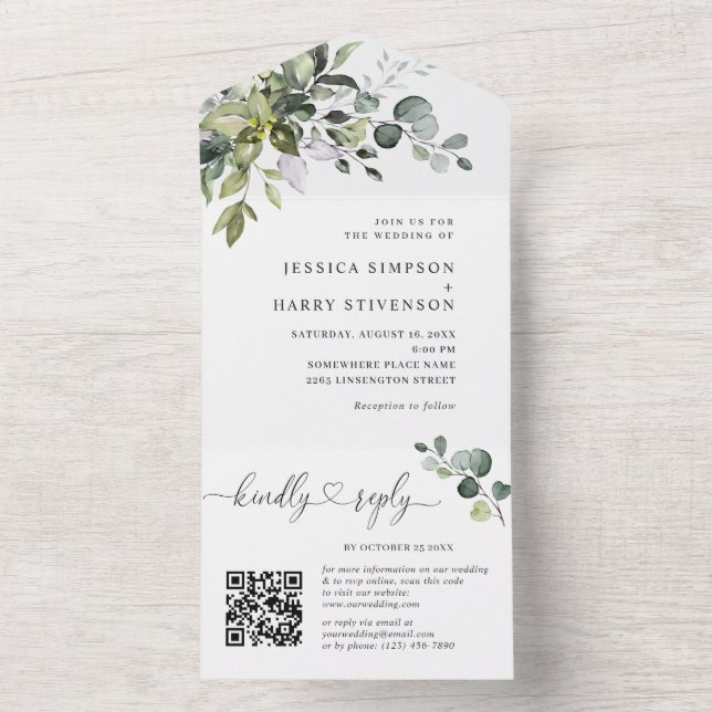 Invitación Todo En Uno Elegante acuarela Eucalyptus Boda código QR (Interior)