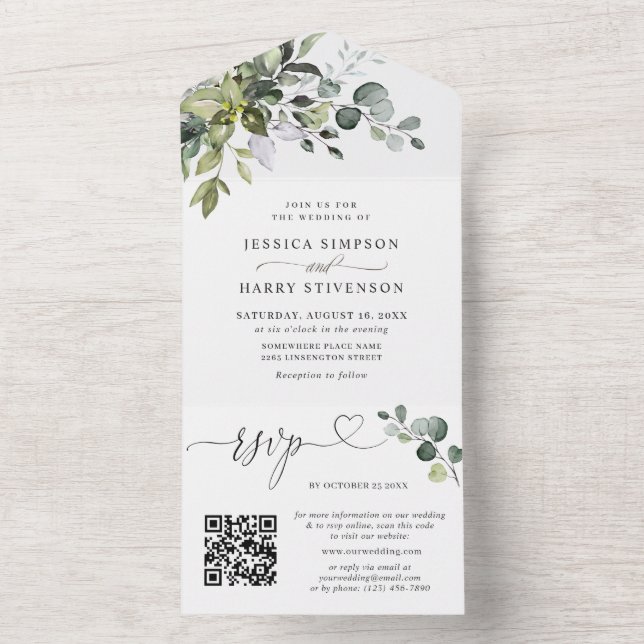 Invitación Todo En Uno Elegante acuarela Eucalyptus Boda código QR (Interior)