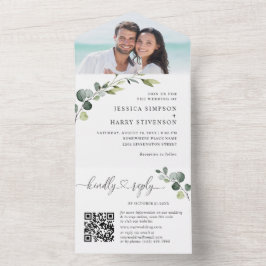 Invitación Todo En Uno Elegante acuarela Eucalyptus Boda código QR