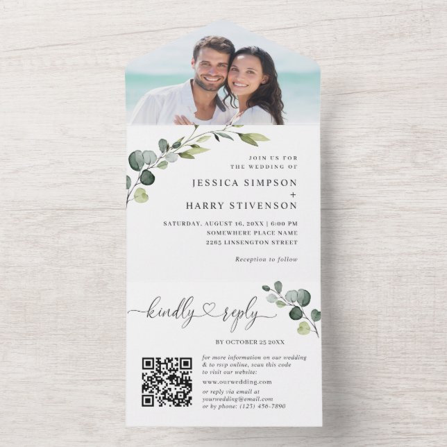 Invitación Todo En Uno Elegante acuarela Eucalyptus Boda código QR (Interior)