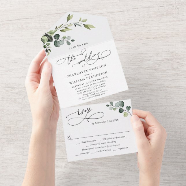 Invitación Todo En Uno Elegante acuarela Eucalyptus Greenery Boda (desgarro)