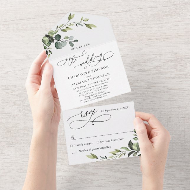 Invitación Todo En Uno Elegante acuarela Eucalyptus Greenery Boda (desgarro)
