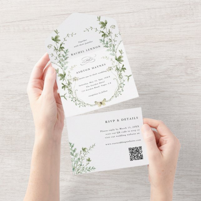 Invitación Todo En Uno Elegante acuarela Flor silvestre Boda de código QR (desgarro)