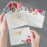 Invitación Todo En Uno Elegante acuarela floral Boda de oro blanco<br><div class="desc">Presentamos nuestras Invitaciones Triples de Boda Elegante, la manera perfecta de asegurarse de que sus próximos nupciales sean realmente inolvidables! Con su sencillo fondo blanco, su impresionante pantalla floral de acuarela y su elegante tipografía de Relieve metalizado de oro, sus huéspedes quedarán impresionados. Muestra los detalles del día con facilidad,...</div>