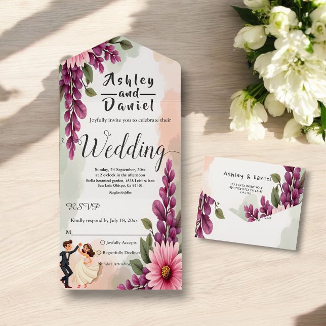 Invitación Todo En Uno Elegante acuarela Floral Bride Groom Boda de Moda (Subido por el creador)