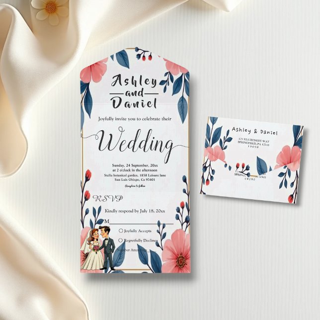 Invitación Todo En Uno Elegante acuarela Floral Bride Groom Boda de Moda (Subido por el creador)