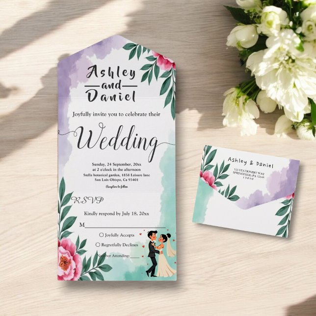 Invitación Todo En Uno Elegante acuarela Floral Bride Y Groom Boda (Subido por el creador)
