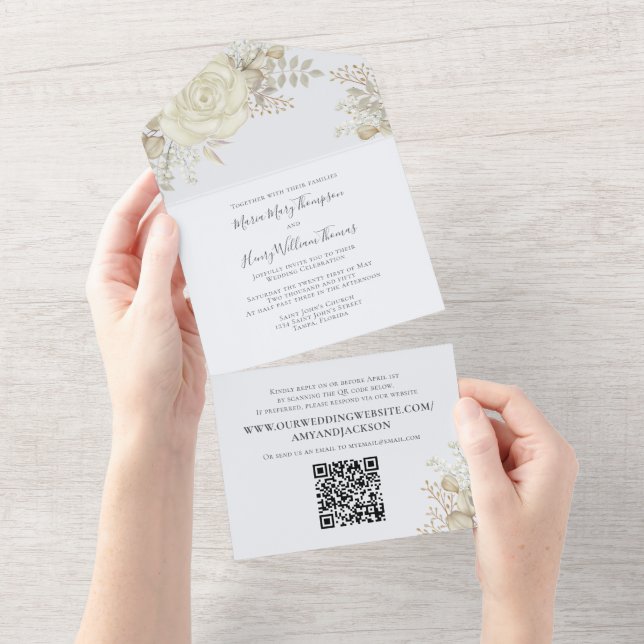 Invitación Todo En Uno Elegante acuarela Floral Marfil Foliage Código QR (desgarro)