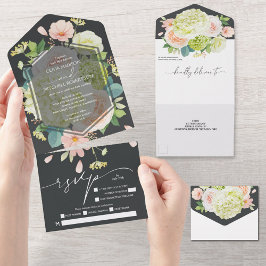 Invitación Todo En Uno Elegante acuarela Floral Onyx Boda