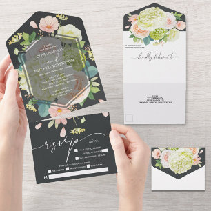 Invitación Todo En Uno Elegante acuarela Floral Onyx Boda