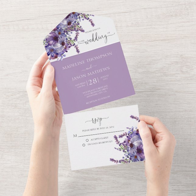 Invitación Todo En Uno Elegante acuarela Floral Purple Lavender (desgarro)
