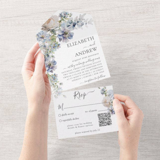 Invitación Todo En Uno Elegante acuarela Floral Qr Code (desgarro)