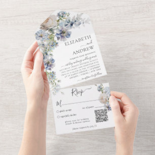 Invitación Todo En Uno Elegante acuarela Floral Qr Code