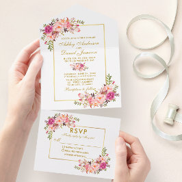 Invitación Todo En Uno Elegante acuarela Floral rosa Rubor Gold