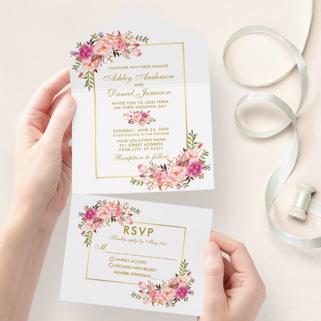 Invitación Todo En Uno Elegante acuarela Floral rosa Rubor Gold (All In One Wedding Invitation with tear off RSVP Card)